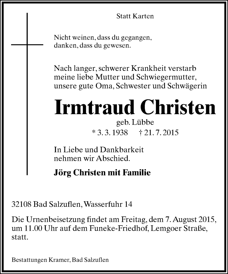 Traueranzeigen Von Irmtraud Christen LZ Trauer