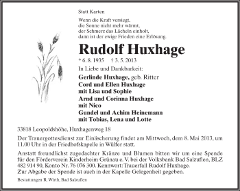 Anzeige  Rudolf Huxhage  Lippische Landes-Zeitung