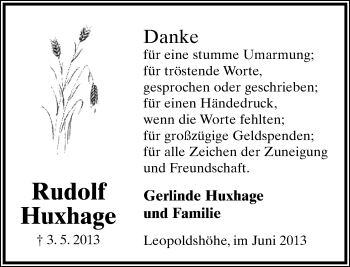 Anzeige  Rudolf Huxhage  Lippische Landes-Zeitung
