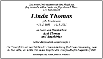Anzeige  Linda Thomas  Lippische Landes-Zeitung