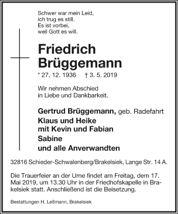 Anzeige  Friedrich Brüggemann  Lippische Landes-Zeitung