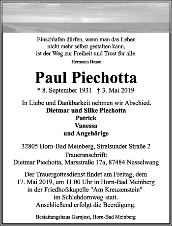 Anzeige  Paul Piechotta  Lippische Landes-Zeitung