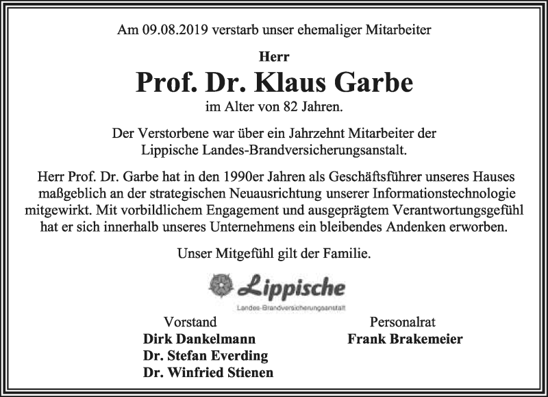 Traueranzeigen Von Klaus Garbe LZ Trauer