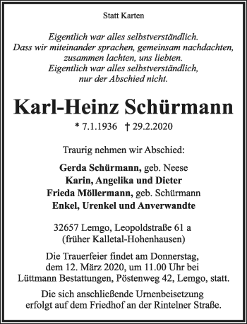 Traueranzeigen Von Karl Heinz Sch Rmann Lz Trauer