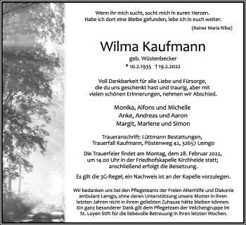 Traueranzeigen Von Wilma Kaufmann Lz Trauer