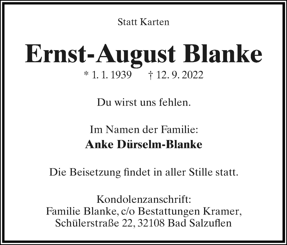 Traueranzeigen Von Ernst August Blanke LZ Trauer