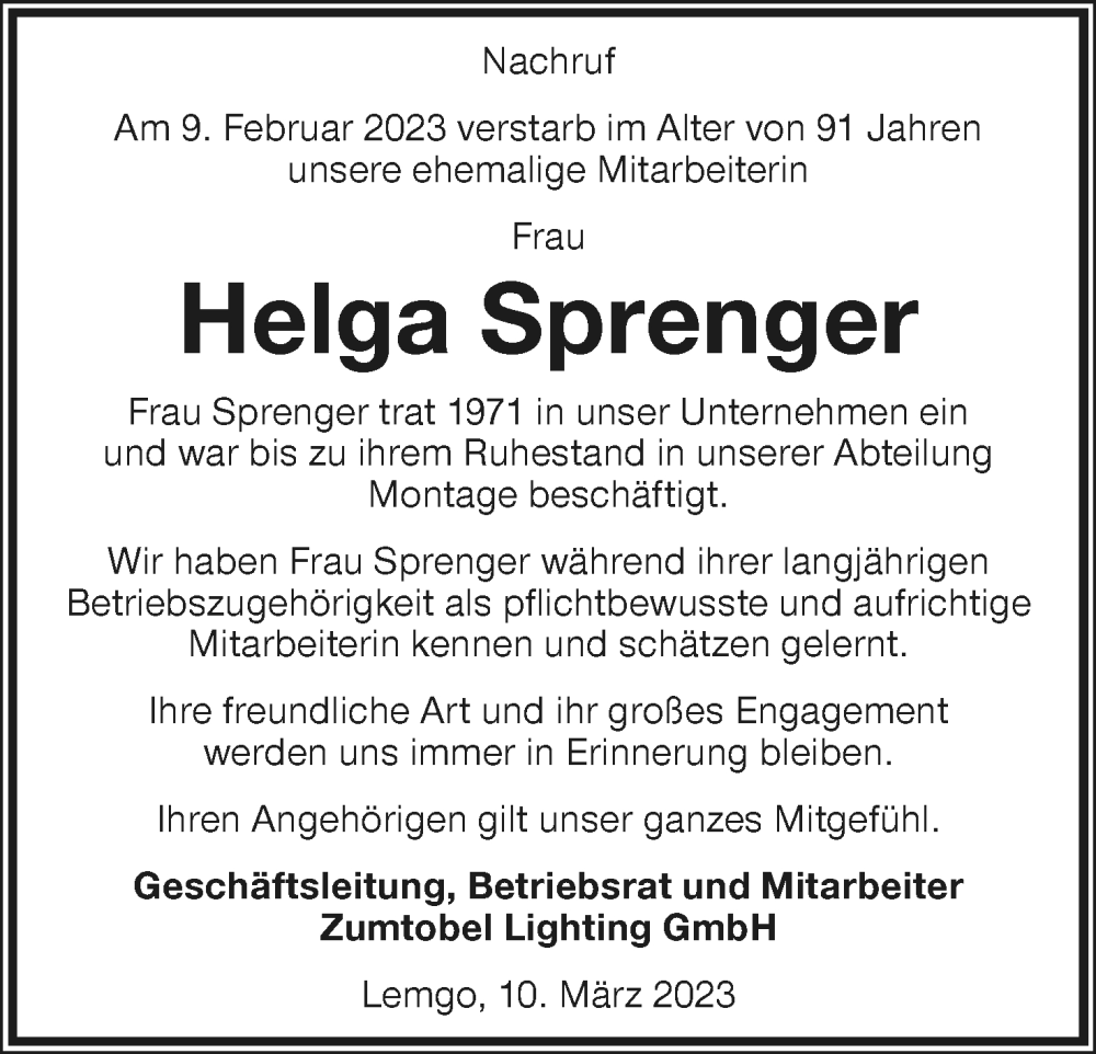 Traueranzeigen Von Helga Sprenger LZ Trauer