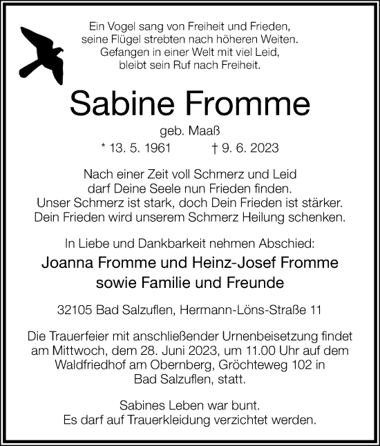 Traueranzeigen Von Sabine Fromme Lz Trauer