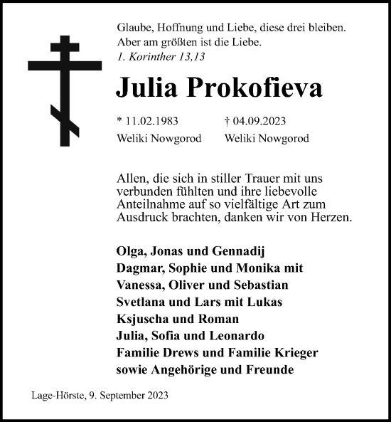 Traueranzeigen Von Julia Prokofieva Lz Trauer