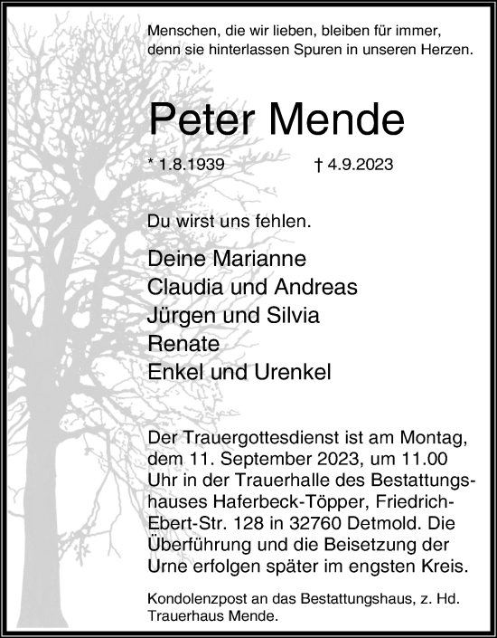 Traueranzeigen Von Peter Mende LZ Trauer